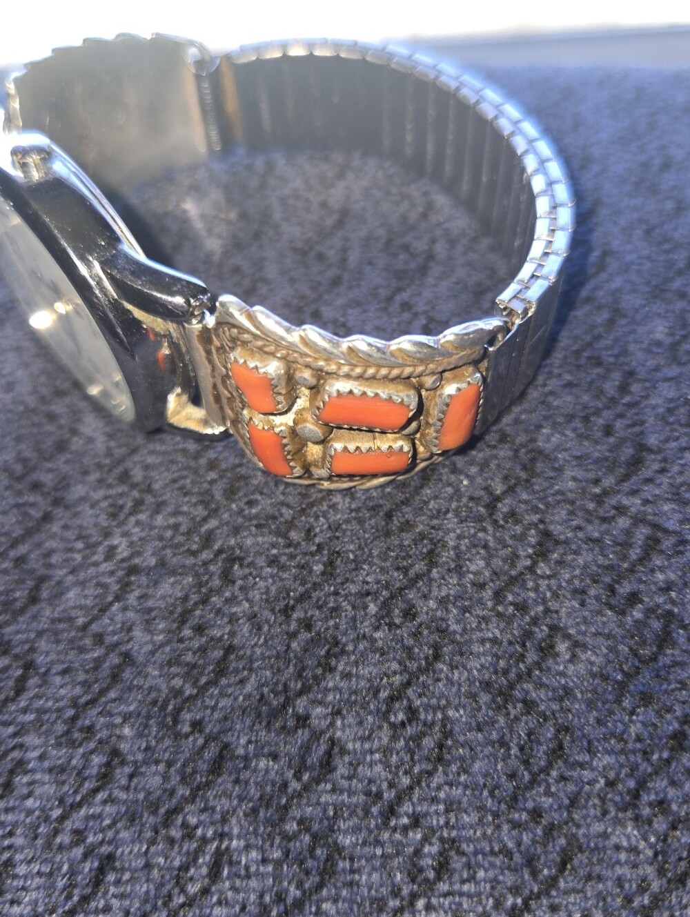 RB Sterling Silver Native American Coral Stones Watchband with Timex Watch - Picture 2 of 5